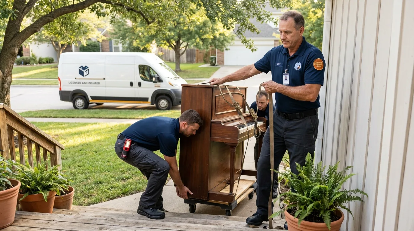 Licensed piano movers securing grand piano in Peridot, AZ